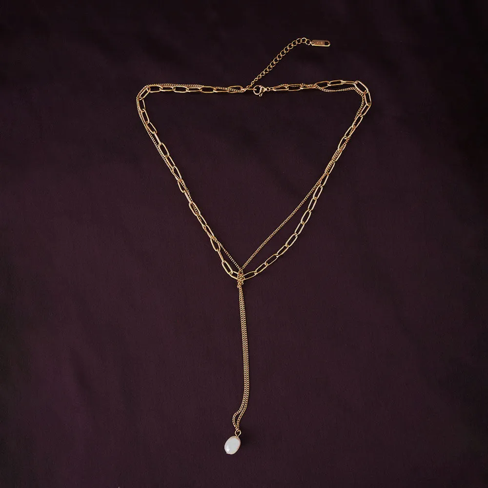 Layered Chain Necklace with Pearl Drop