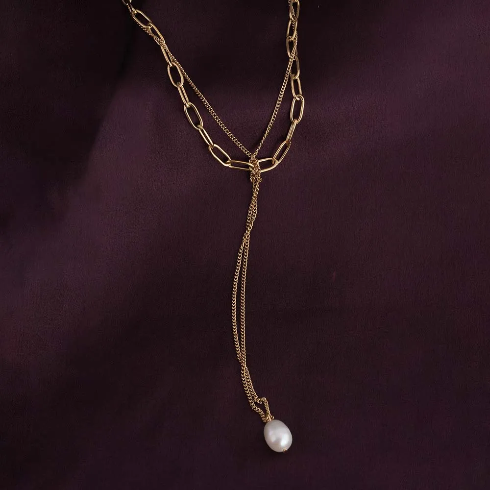 Layered Chain Necklace with Pearl Drop