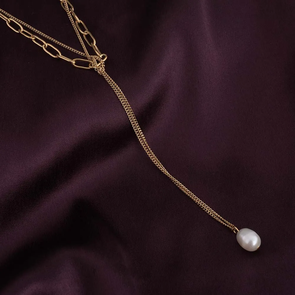 Layered Chain Necklace with Pearl Drop