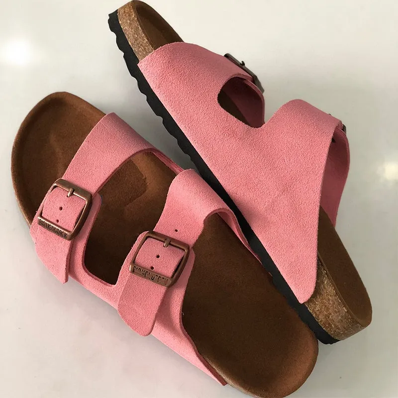 Leather Double-strap Slippers Footbed Sandals in Brown/Black/Pink/Gray