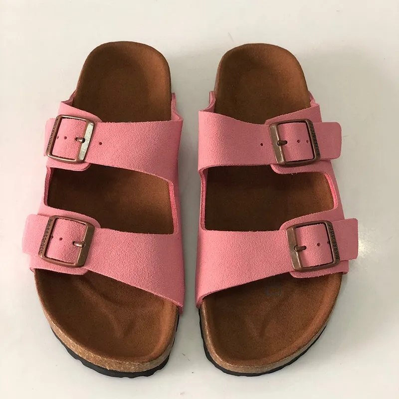 Leather Double-strap Slippers Footbed Sandals in Brown/Black/Pink/Gray