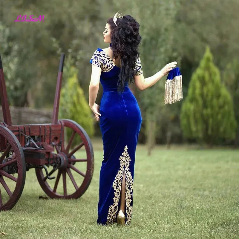 LISM Moroccan Caftan Evening Dresses Gold Lace Appliques Cap Sleeve Royal Blue Mermaid Velvet Arabic Prom Gowns Long Party Dress