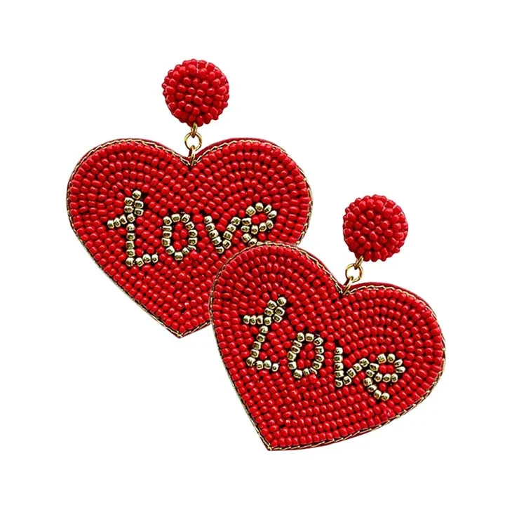 Love Message Felt Back Seed Beaded Heart Dangle Earrings