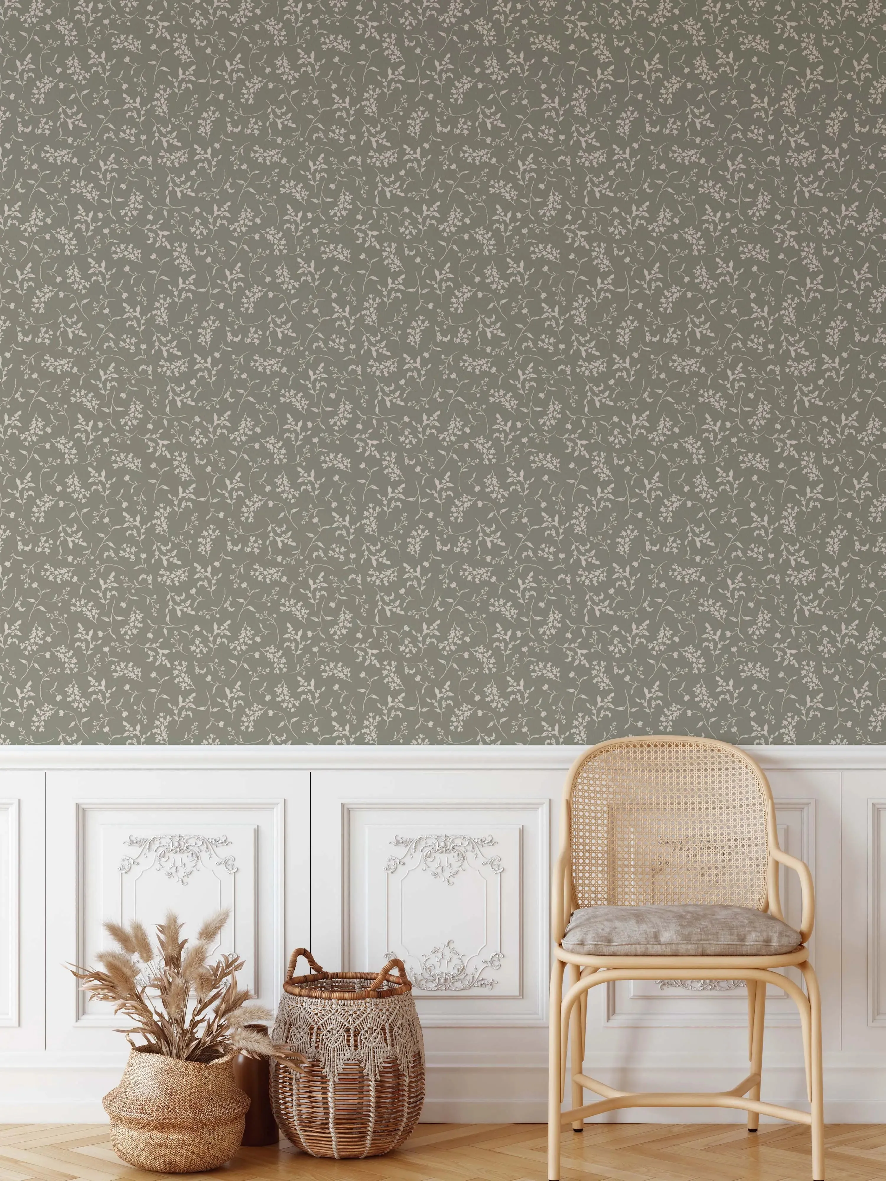 'Lulu In Dark Green' - Vintage Green  Leaf Australian-Made Removable Wallpaper