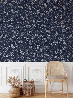 'Lulu In Navy Blue' - Vintage Blue and Cream Leaf Removable Wallpaper