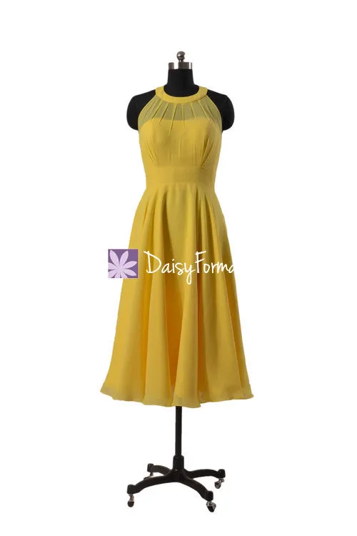 Maize Yellow Tea Length Party Dress Sexy Halter Bridesmaid Dress Sexy Elegant Bridesmaid Dress (CST2225A)