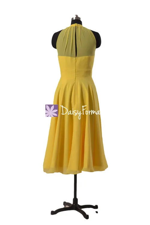 Maize Yellow Tea Length Party Dress Sexy Halter Bridesmaid Dress Sexy Elegant Bridesmaid Dress (CST2225A)