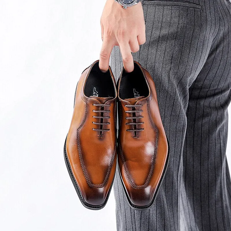 Men's Genuine Leather Pointed Toe Lace-up Closure Formal Shoes