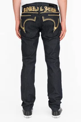 MENS RAW DENIM SLIM FIT KILLER FLAP JEANS WITH O.E. SCRIPT STUDS AND CRYSTALS