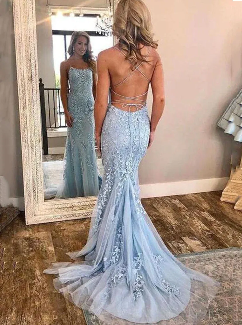 Mermaid Backless Prom Dress Lace Spaghetti Straps Evening Gown