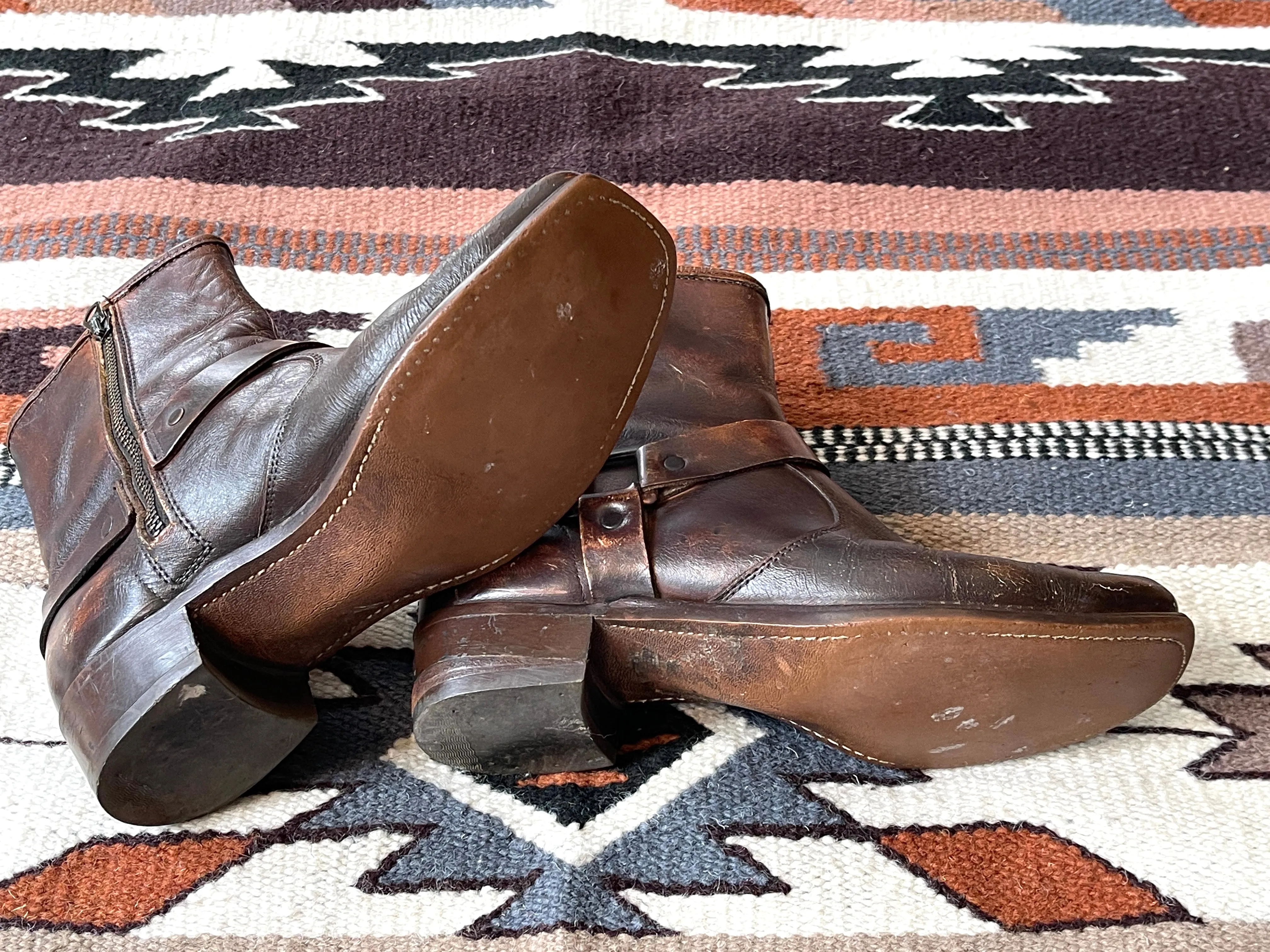 MOTO BOOTS Vintage 70s Brown Leather Buckled Bootie,  Size 9 1/2 to 10