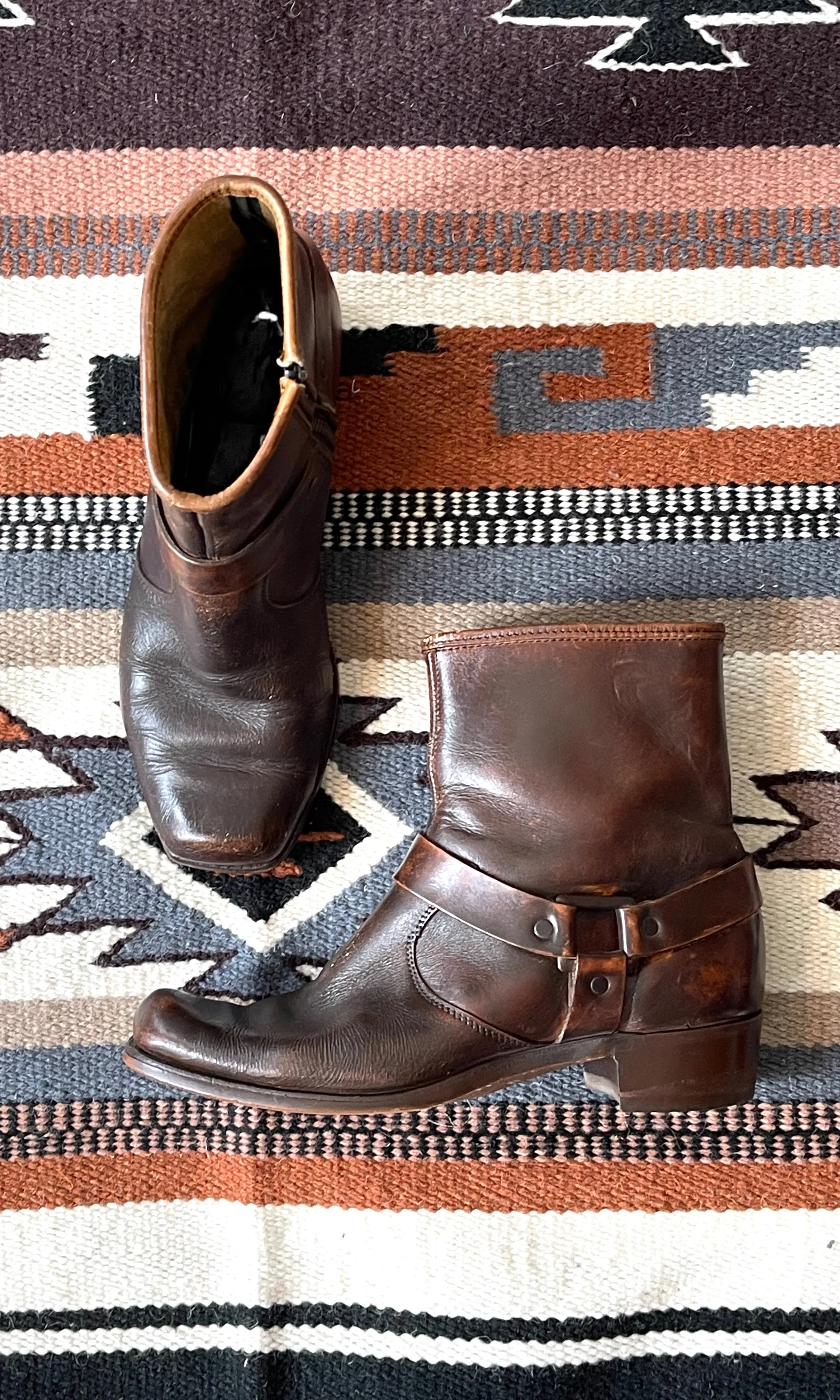 MOTO BOOTS Vintage 70s Brown Leather Buckled Bootie,  Size 9 1/2 to 10