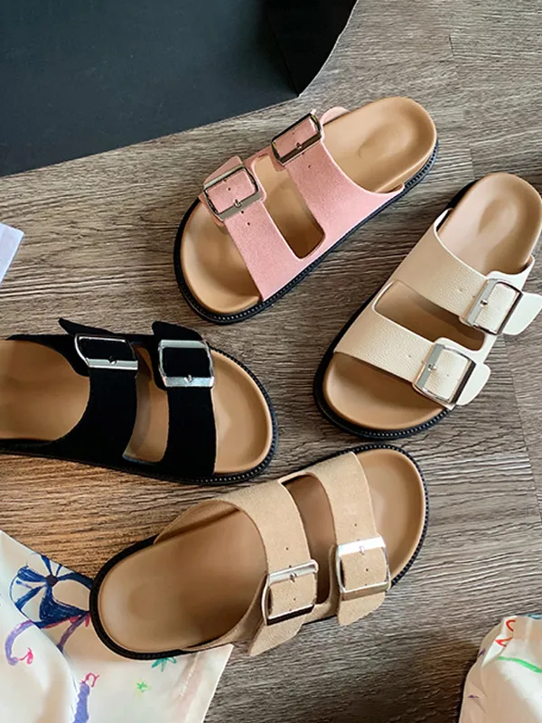 Open Toe Double Strap Buckle Slides