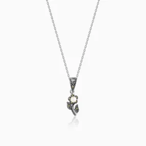 Oxidised Silver Pearl Fleur Pendant With Link Chain