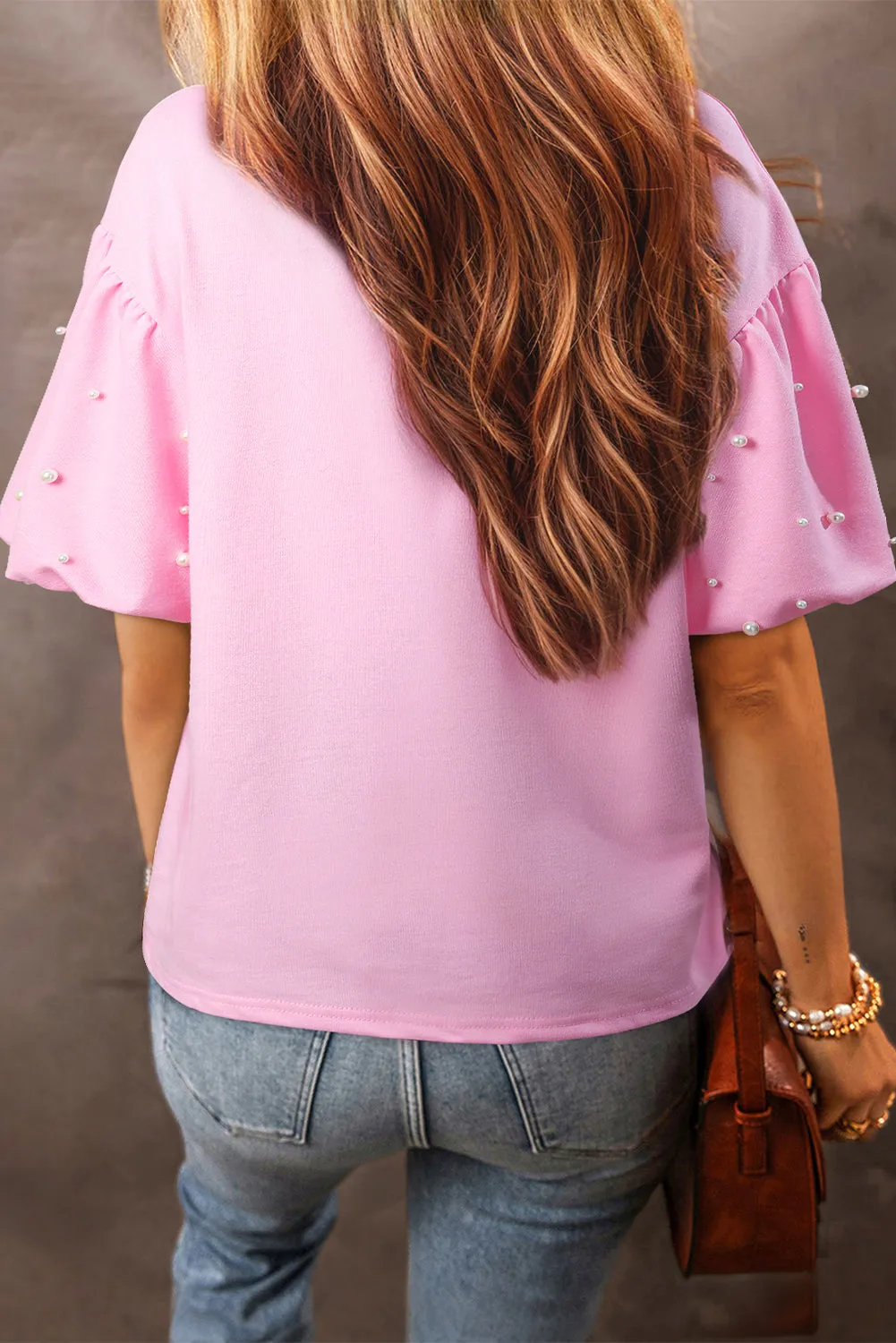 Pink Pearl Studded Puff Sleeve Collared Top