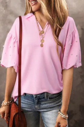 Pink Pearl Studded Puff Sleeve Collared Top