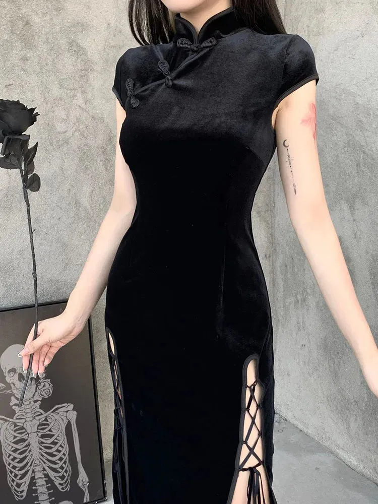 Romantic Gothic Velvet Aesthetic Vintage Black Evening Cheongsam Midi Dresses