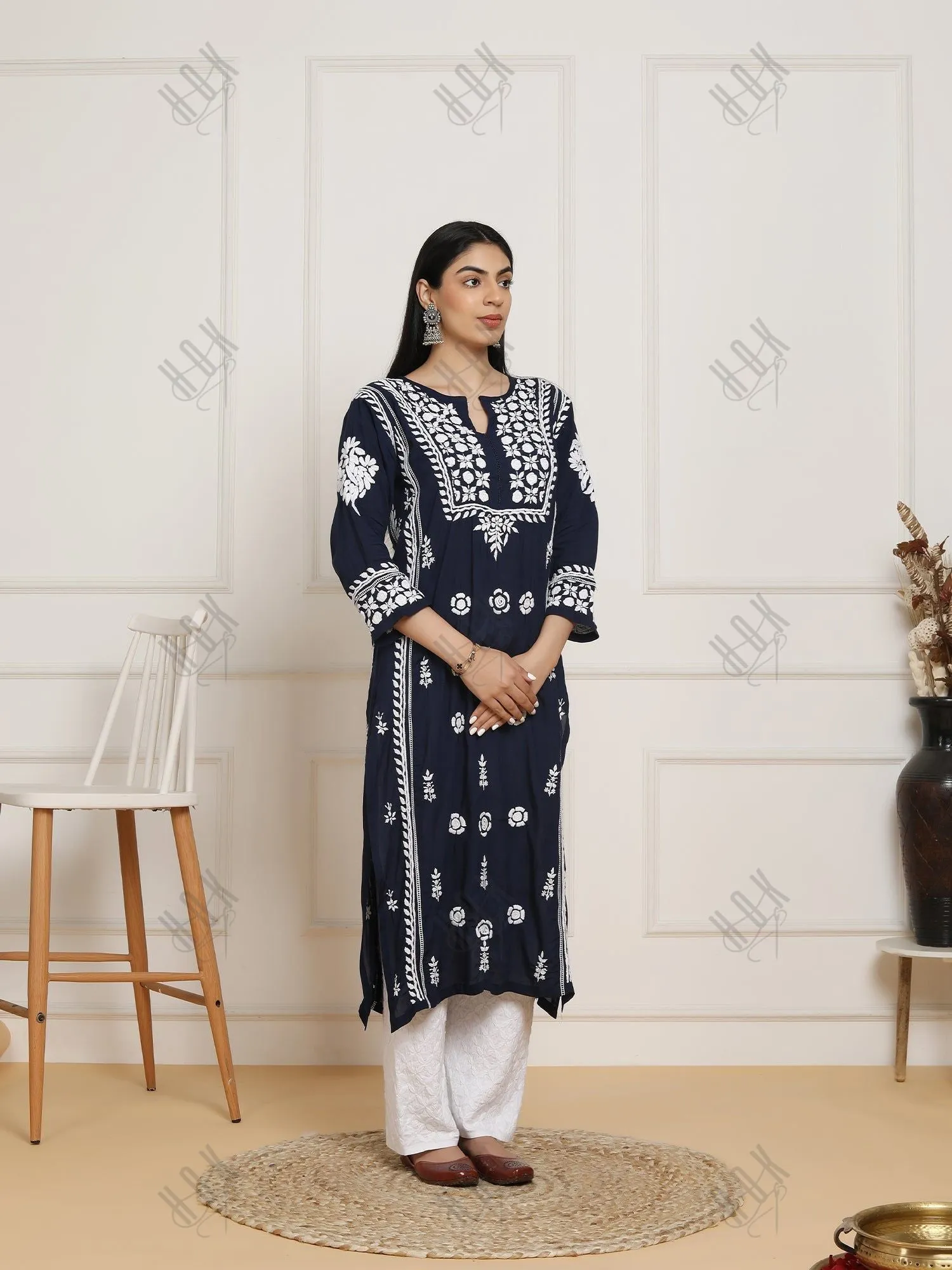 Saba Chikankari  kurta in modal cotton - Navy Blue