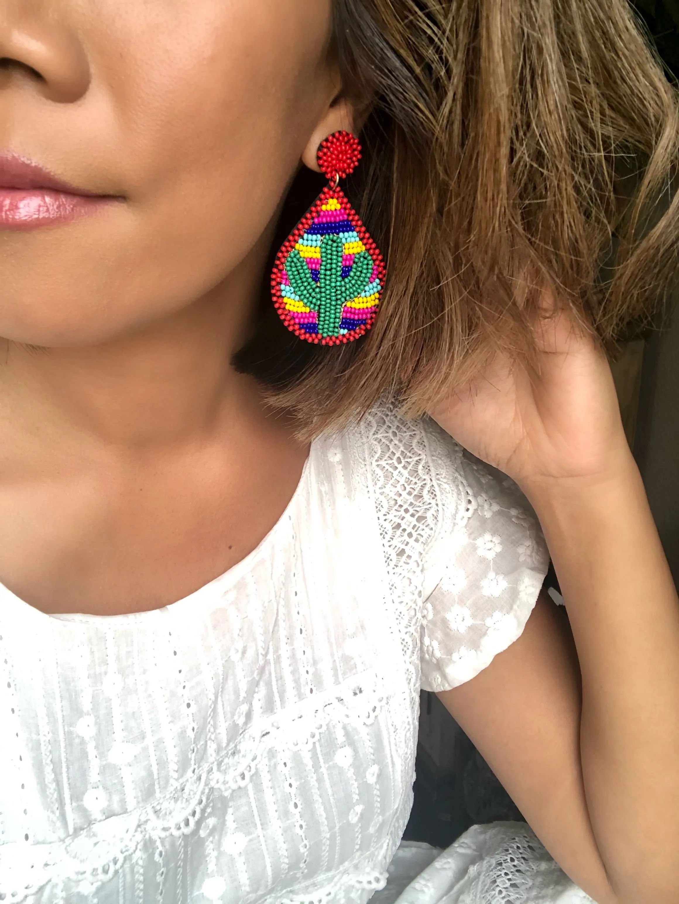 Serape Cactus Beaded Statement Earrings