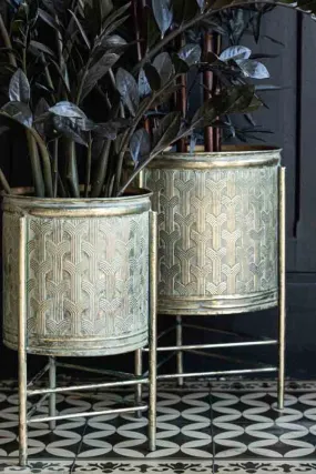 Set Of 2 Antique Gold Patterned Planters