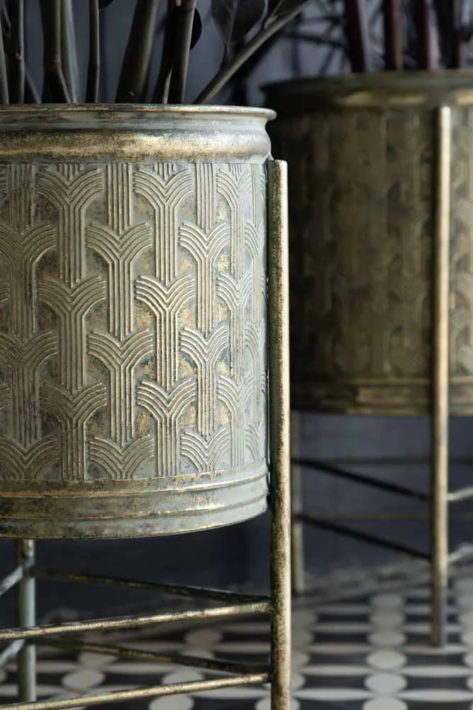 Set Of 2 Antique Gold Patterned Planters