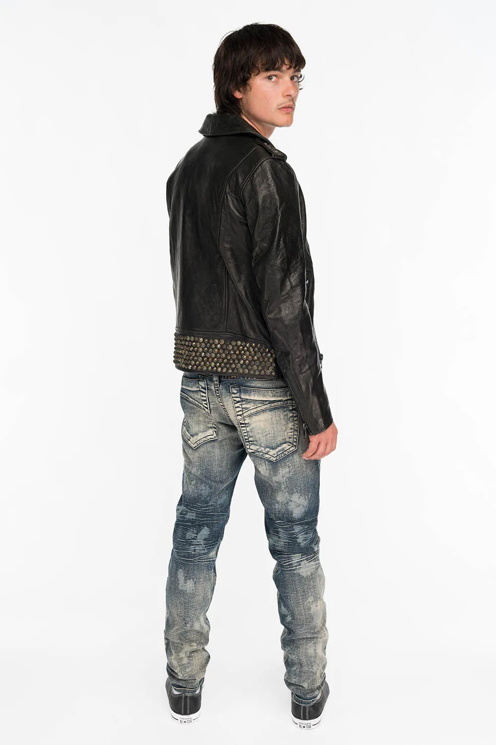 SKINNY MENS JEANS IN JAPAN MEDIUM BLUE WASH WITH GOLD O.E. SCRIPT