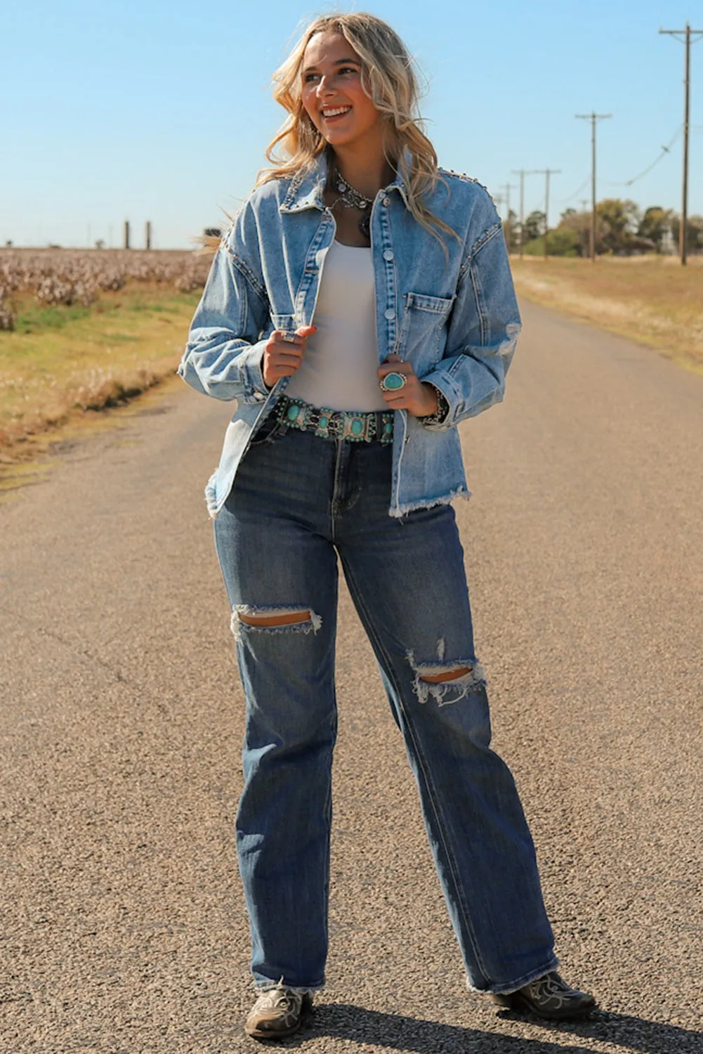 Sky Blue Studded Acid Wash Denim Jacket