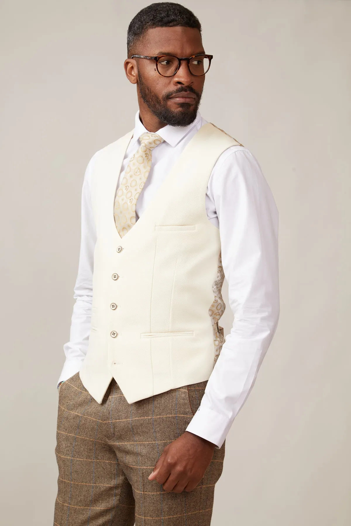 TED - Tan Tweed Check Suit with Kelvin Cream Waistcoat