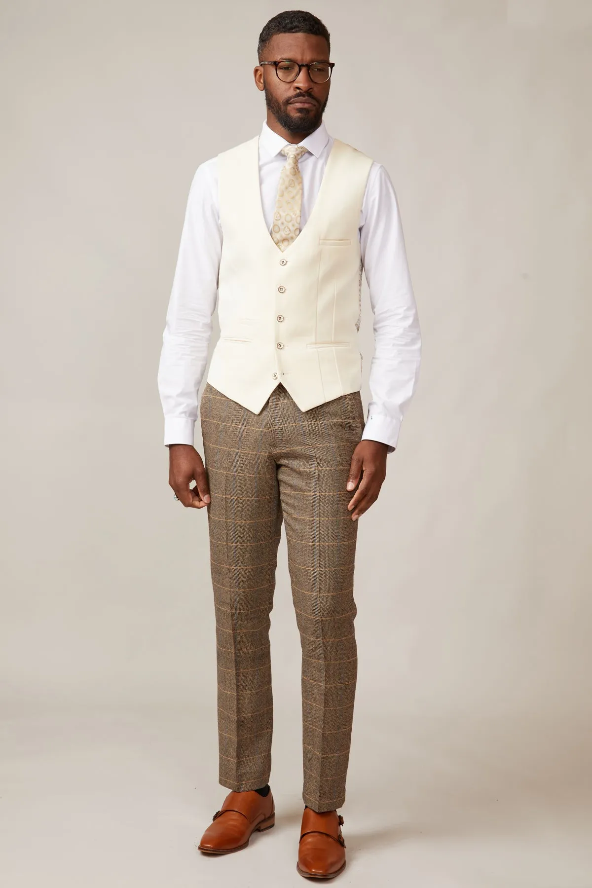 TED - Tan Tweed Check Suit with Kelvin Cream Waistcoat