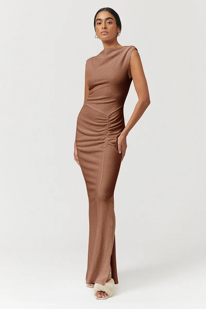 Vega Ruched Front Midi Dress - Tan