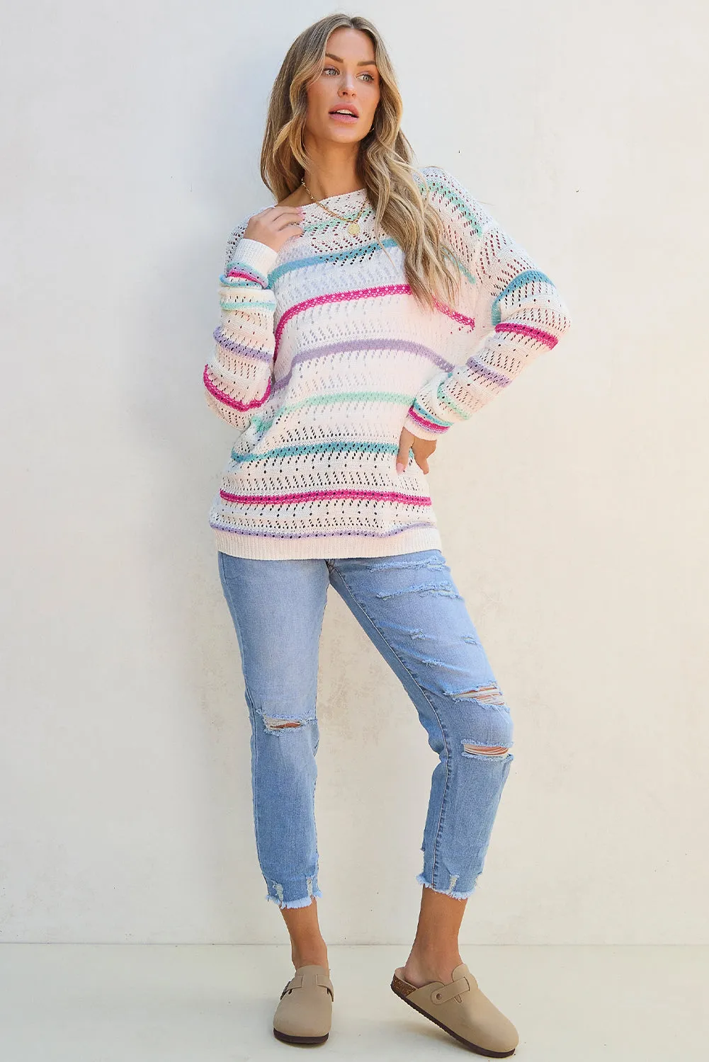 White Striped Hollowed Crochet Loose Fit Sweater