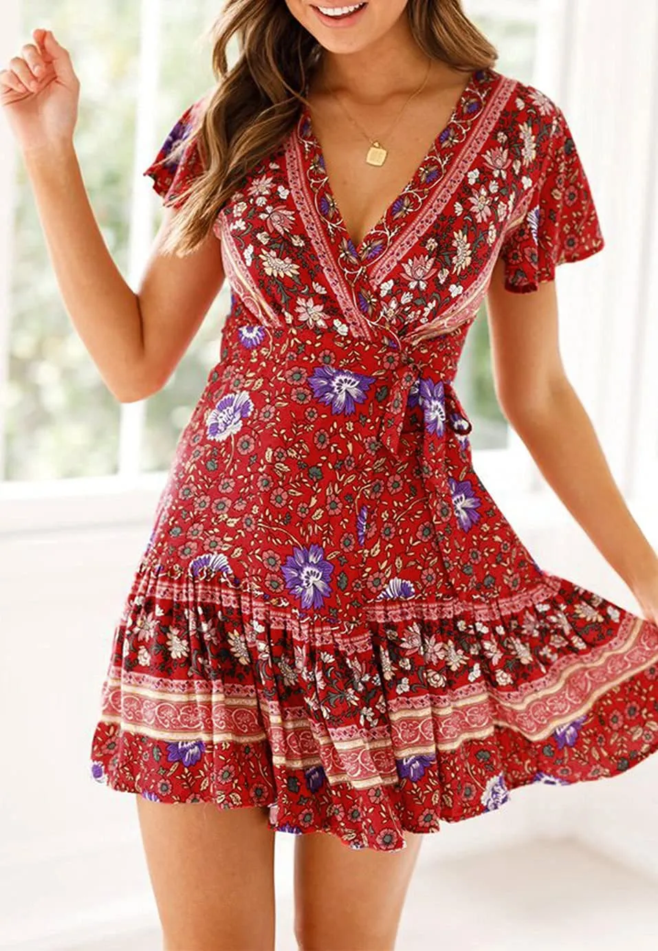 Women's 2024 Summer Wrap V Neck Bohemian Floral Print Ruffle Swing