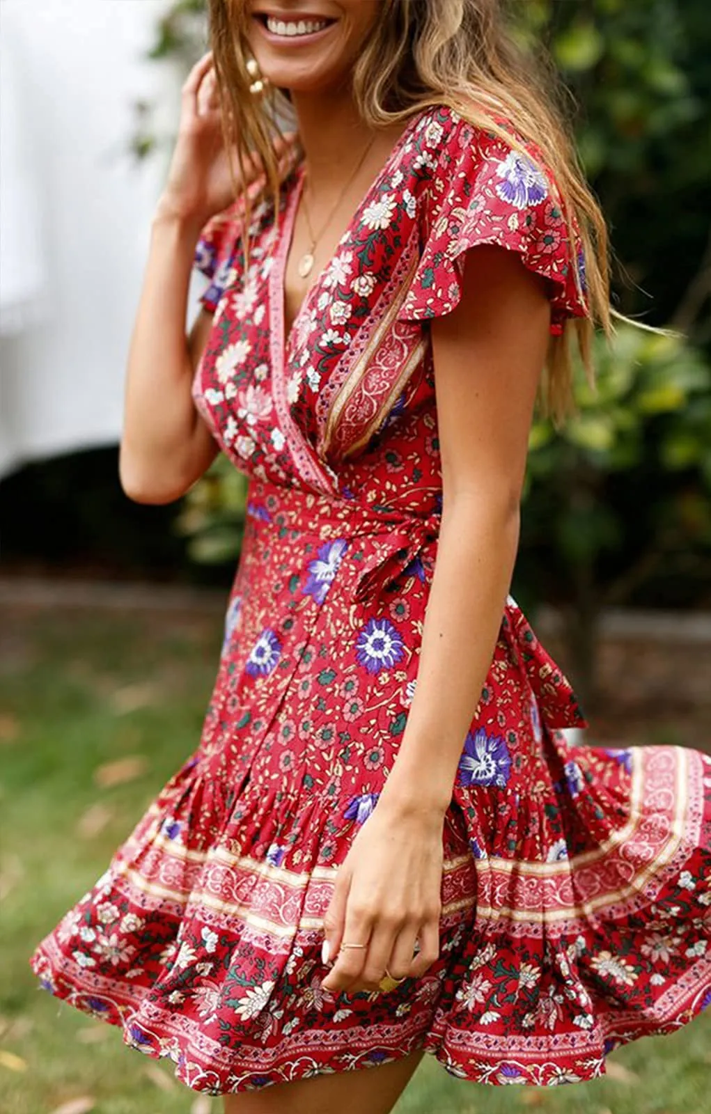 Women's 2024 Summer Wrap V Neck Bohemian Floral Print Ruffle Swing