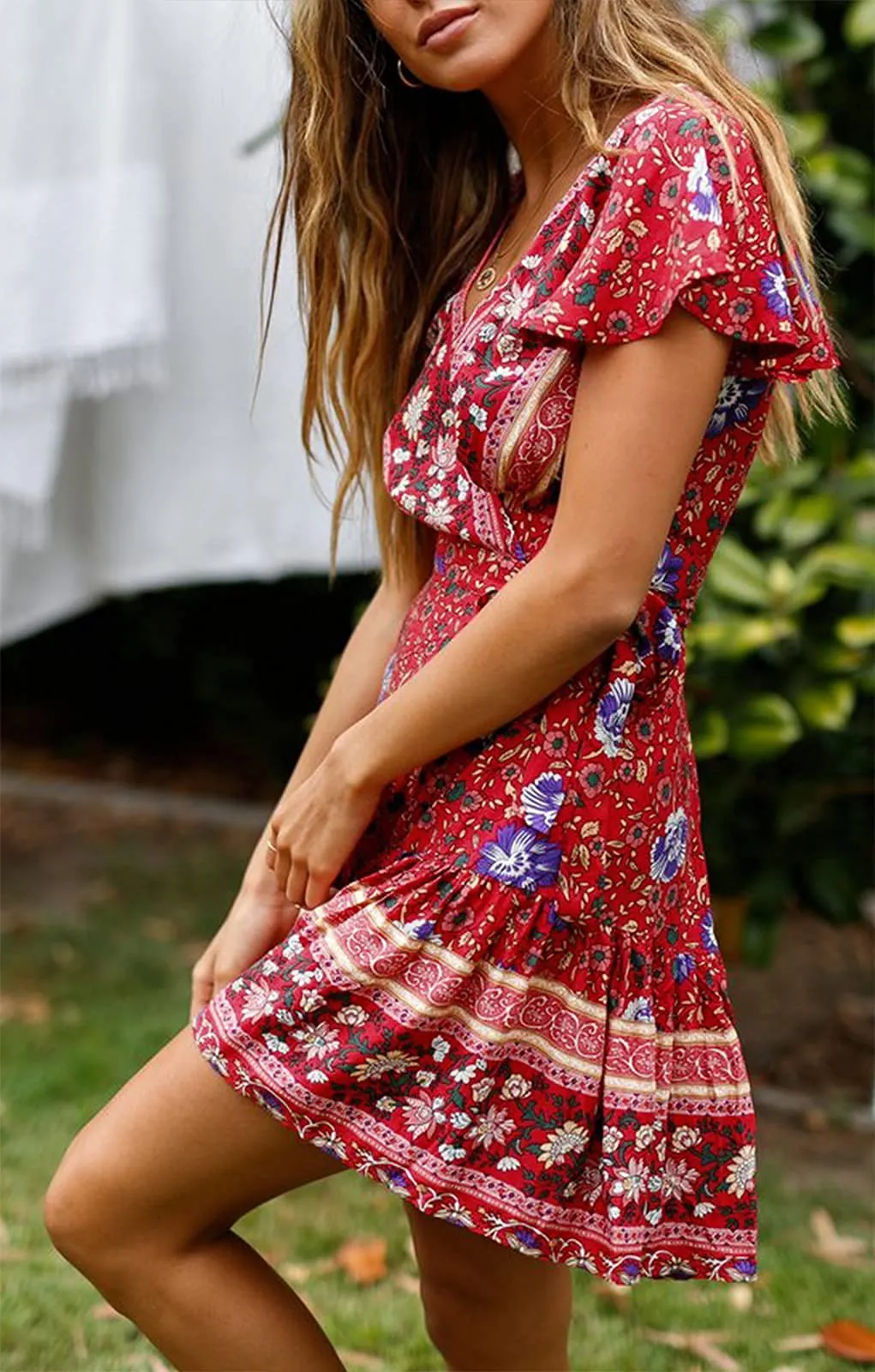 Women's 2024 Summer Wrap V Neck Bohemian Floral Print Ruffle Swing