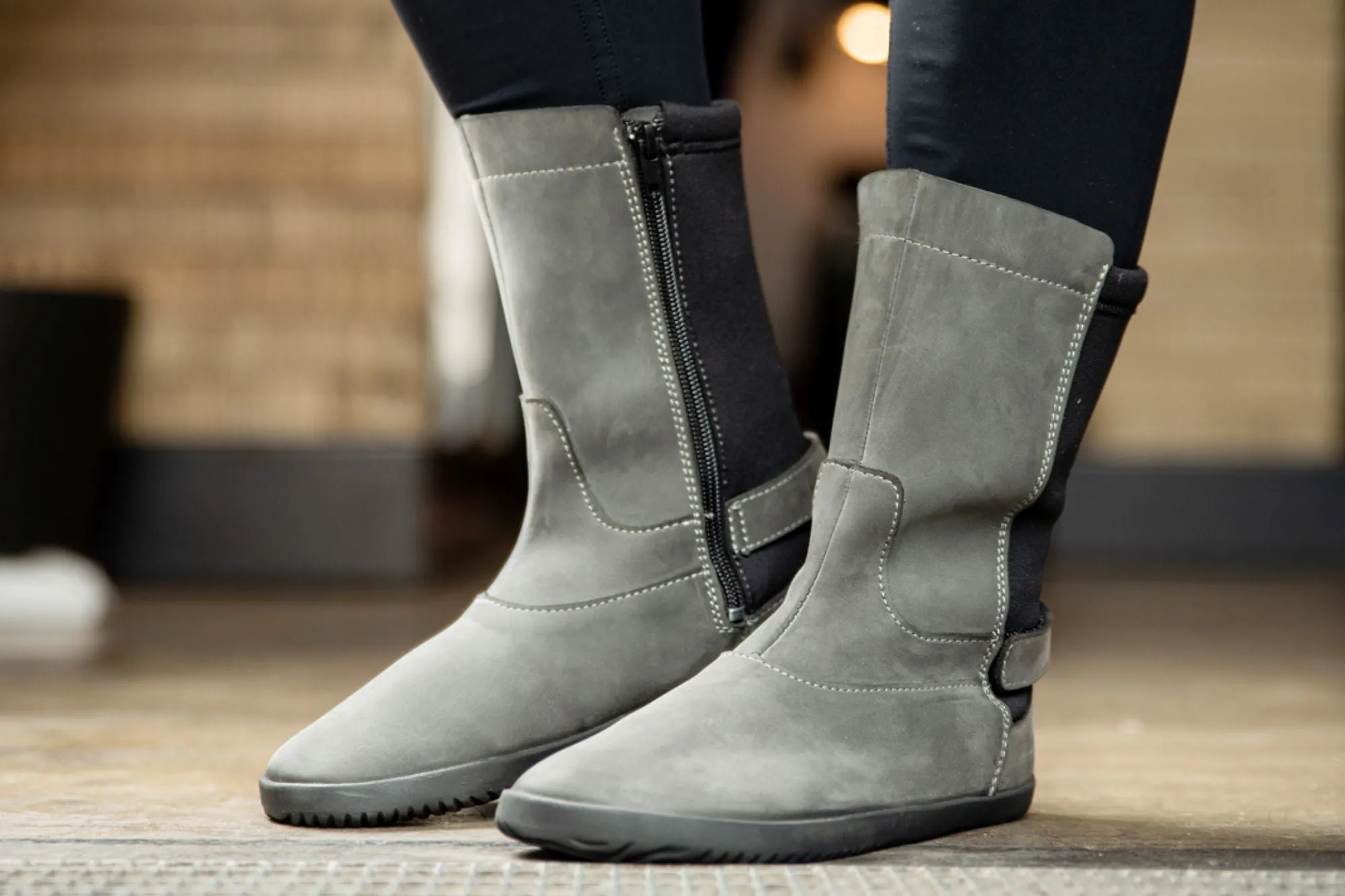 Women’s barefoot grey nubuck mid-calf boots