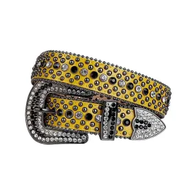 Yellow Strap With Black & Crystal Metal Studded Rhinestone Belt